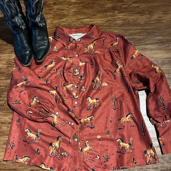 7am to 7am Tops - 7am Women’s XL Rust Horse Print Button-Up Shirt Western Collard
